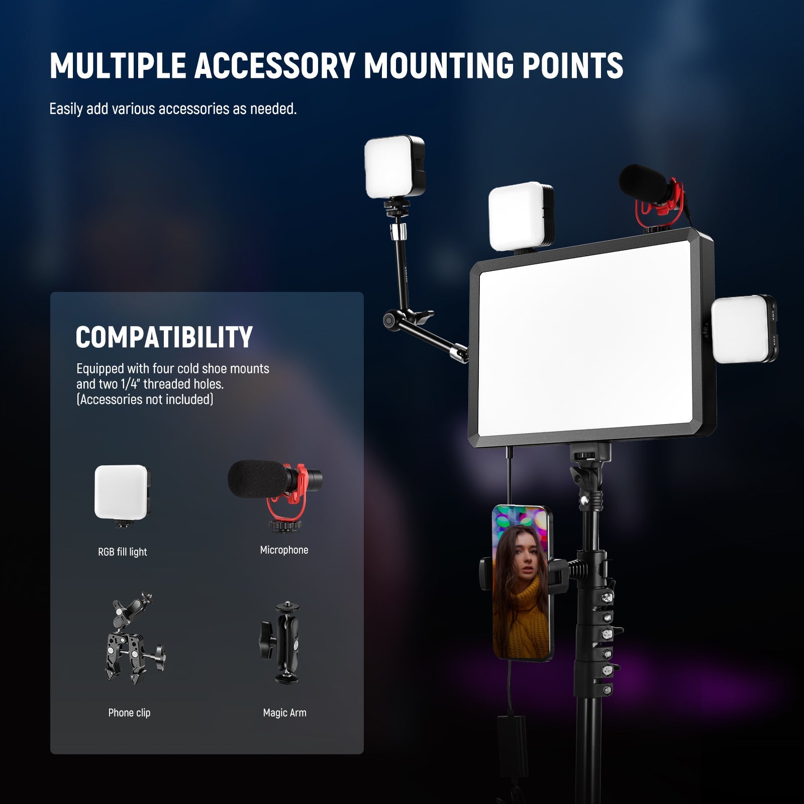 NEEWER BP25B Bi-Color LED Video Panel Light Kit offers multiple mounting points.