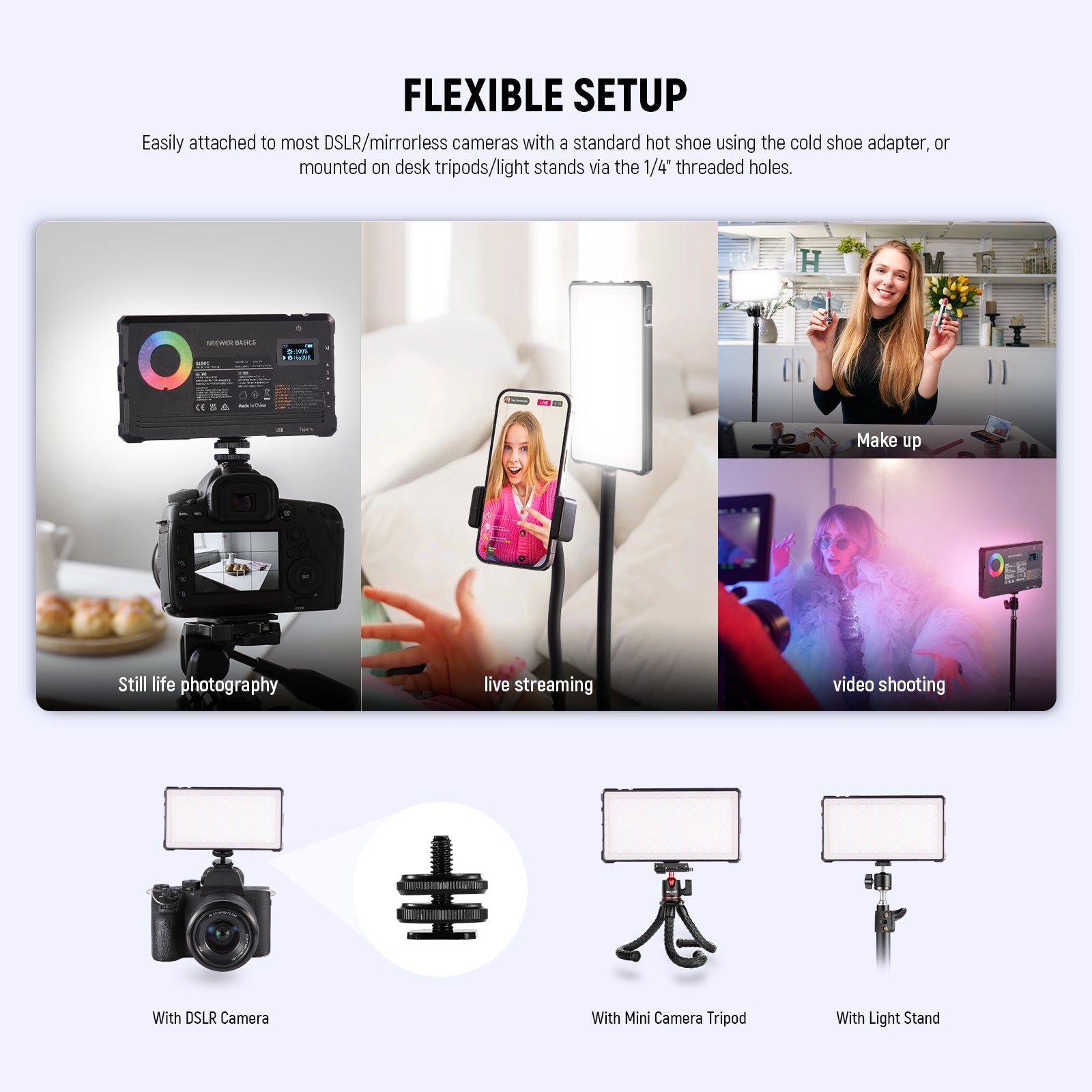 NEEWER SL90C Portable RGB Video Light is flexible to set up.