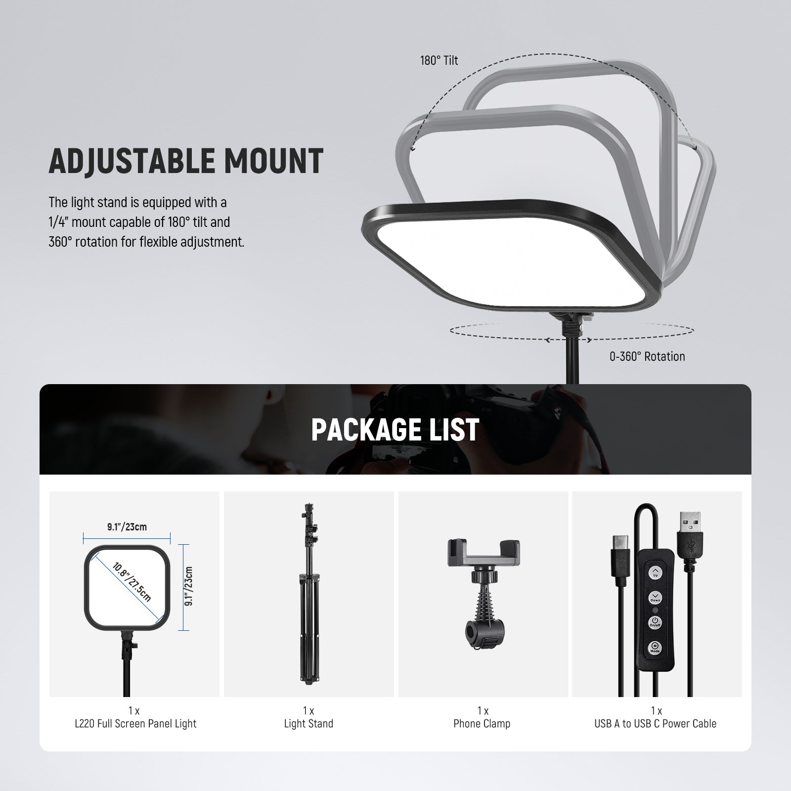 Package Contents of the NEEWER L220 Full Screen LED Video Panel Light Kit