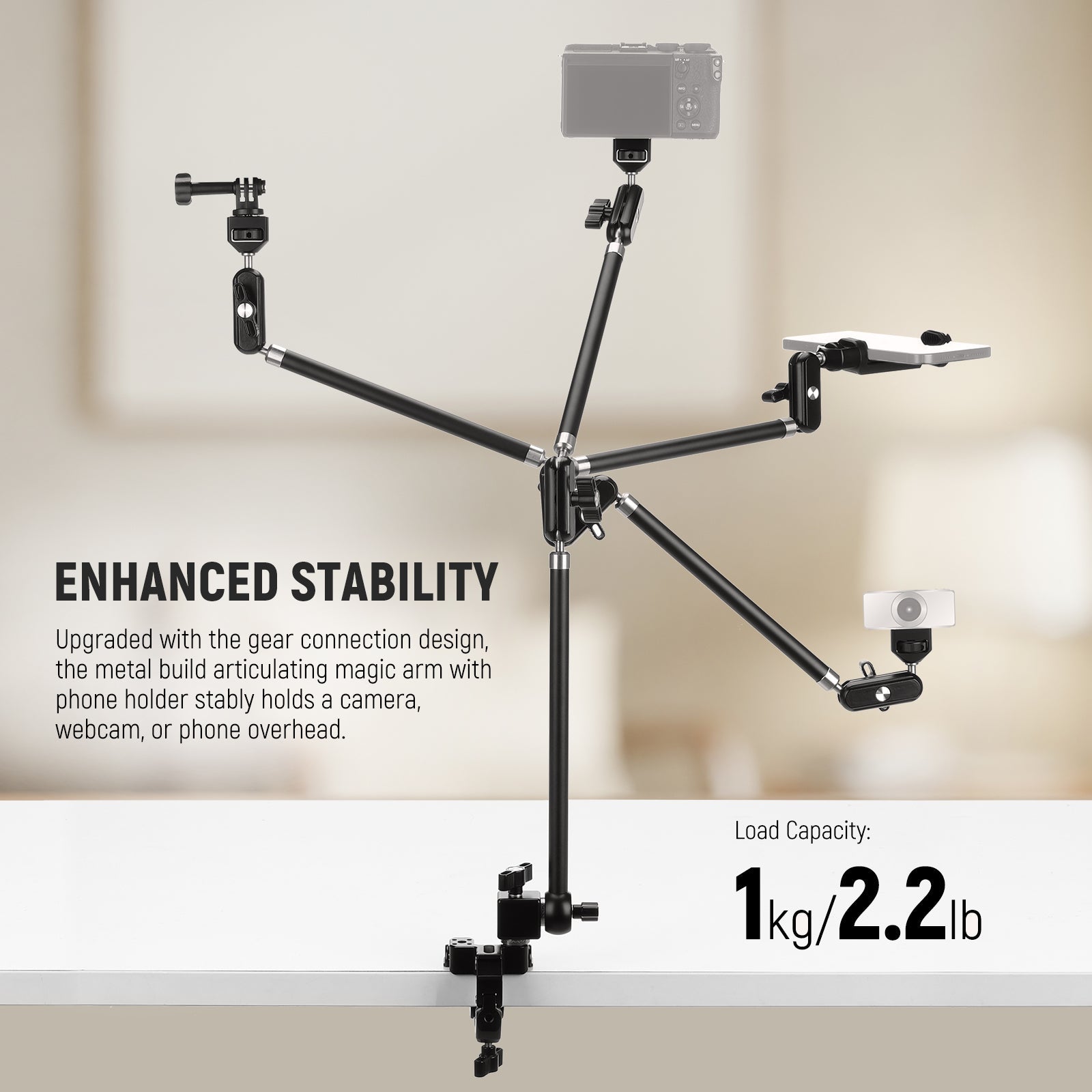 The metal build articulating magic arm with phone holder stably holds a camera