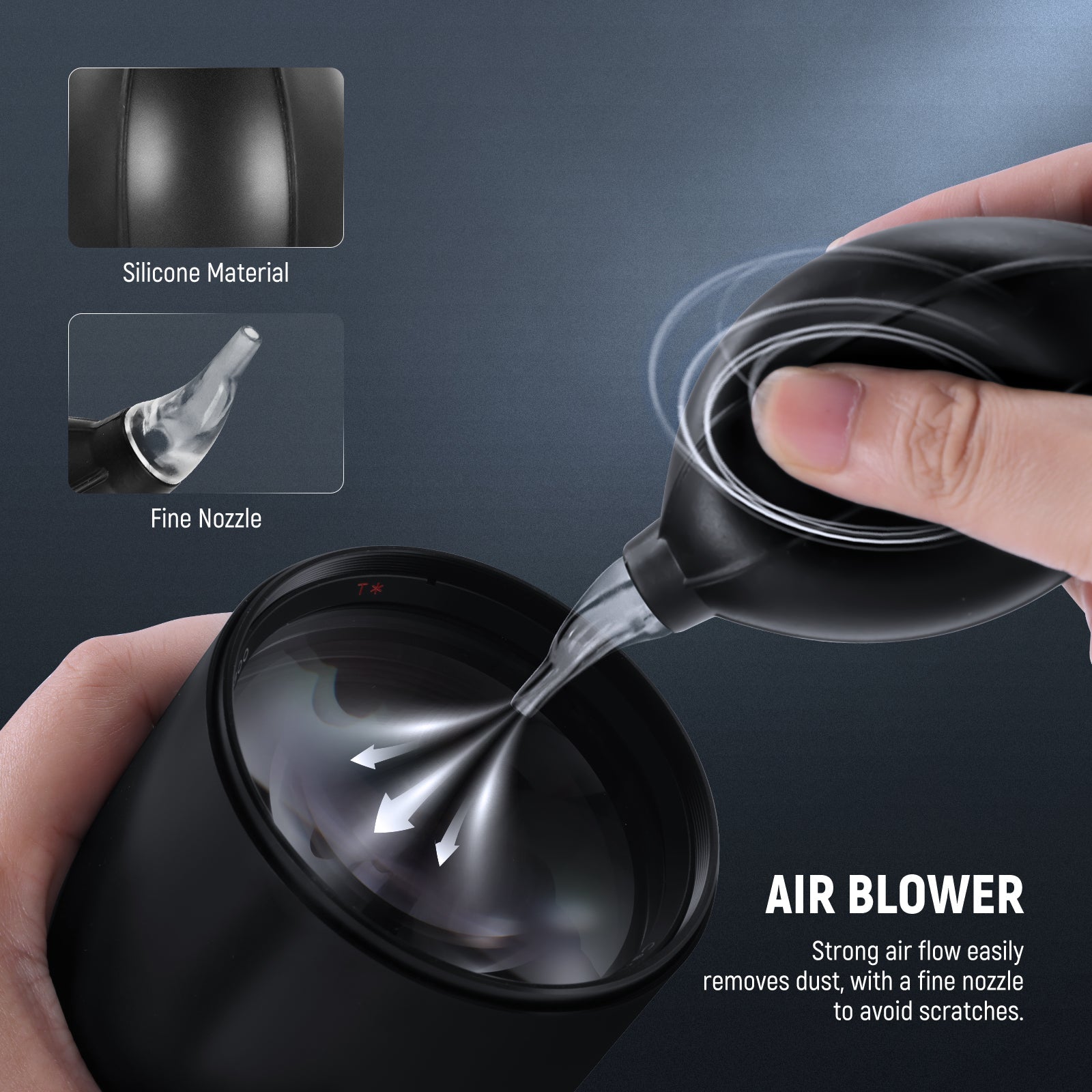 Robust Silicone Air Blower easily removes dust, with a fine nozzle to avoid scratches.