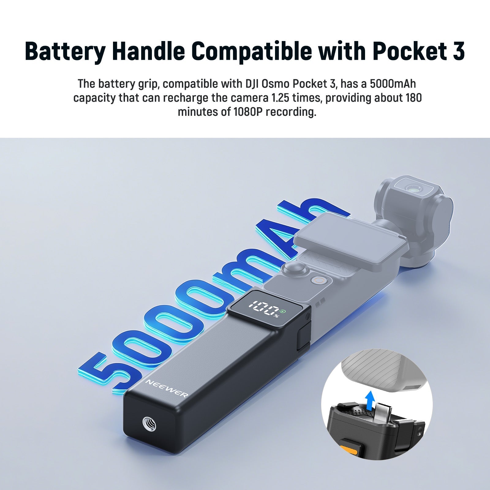 The battery grip, exclusively compatible with the DJI Osmo Pocket 3, features a built-in 5000mAh capacity
