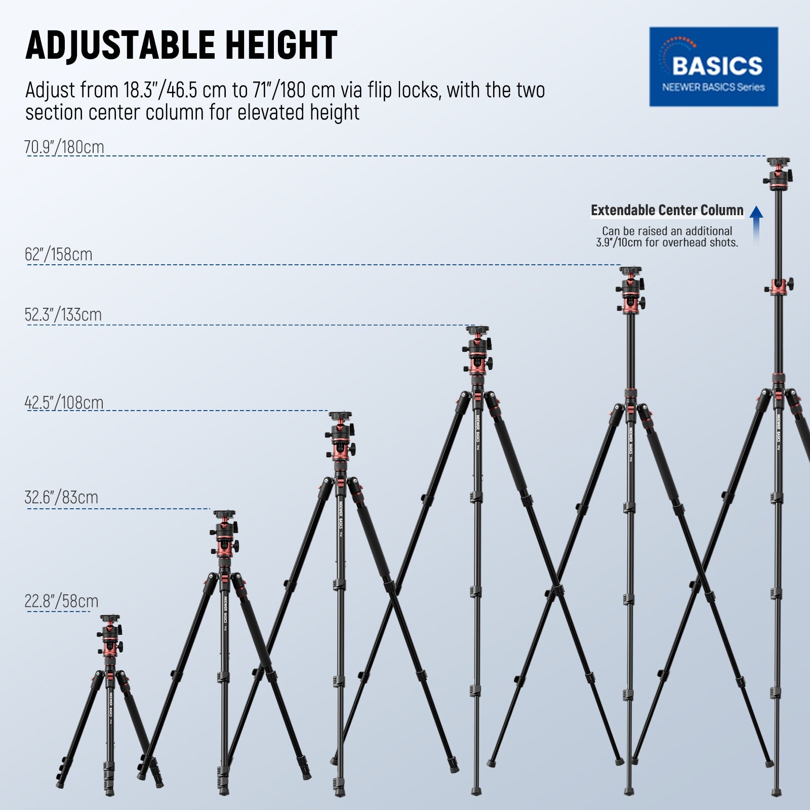 The tall heavy duty tripod adjusts from 22.8" to 53" with three angle options.