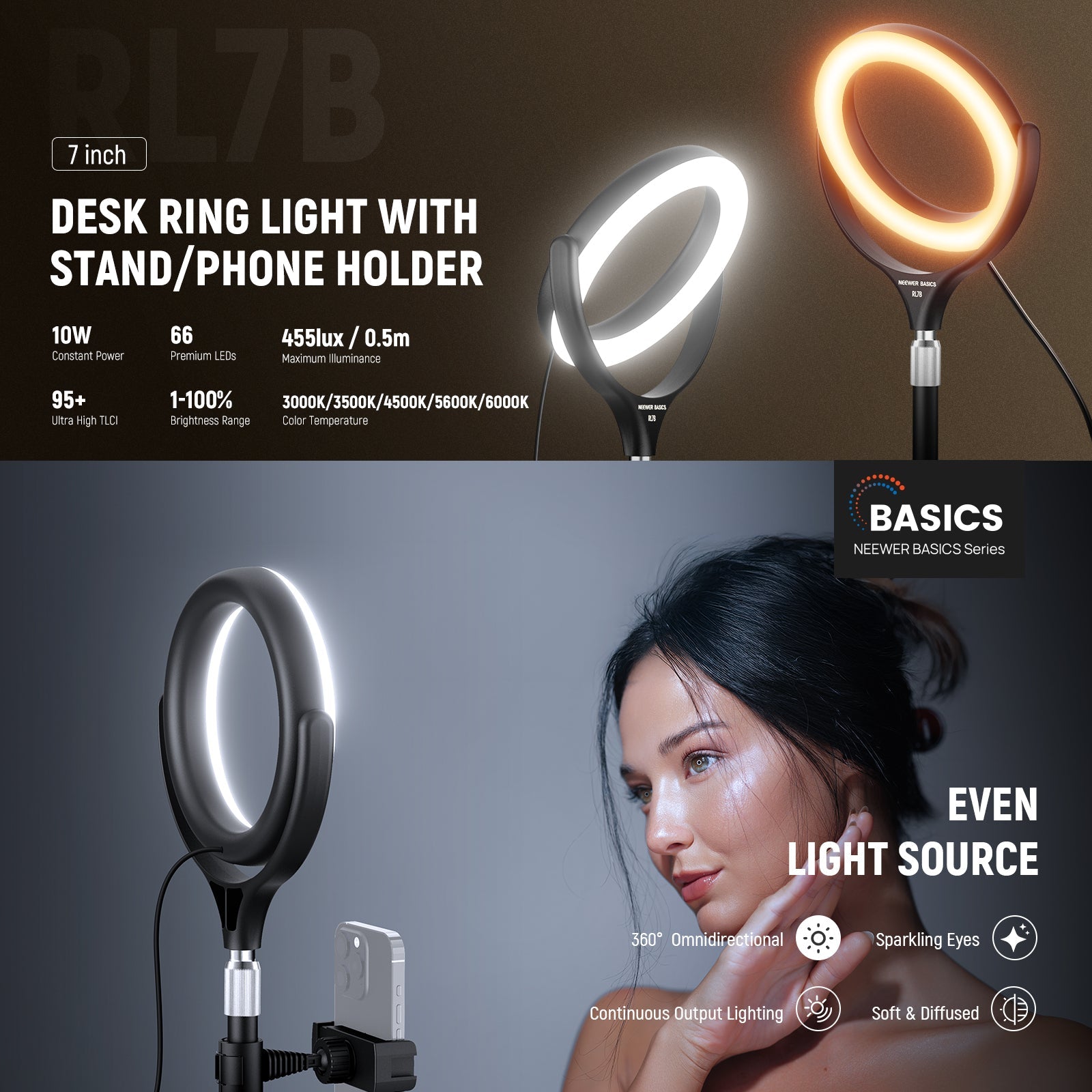 A girl is using the NEEWER RL7B Desk Ring Light kit to selfie.