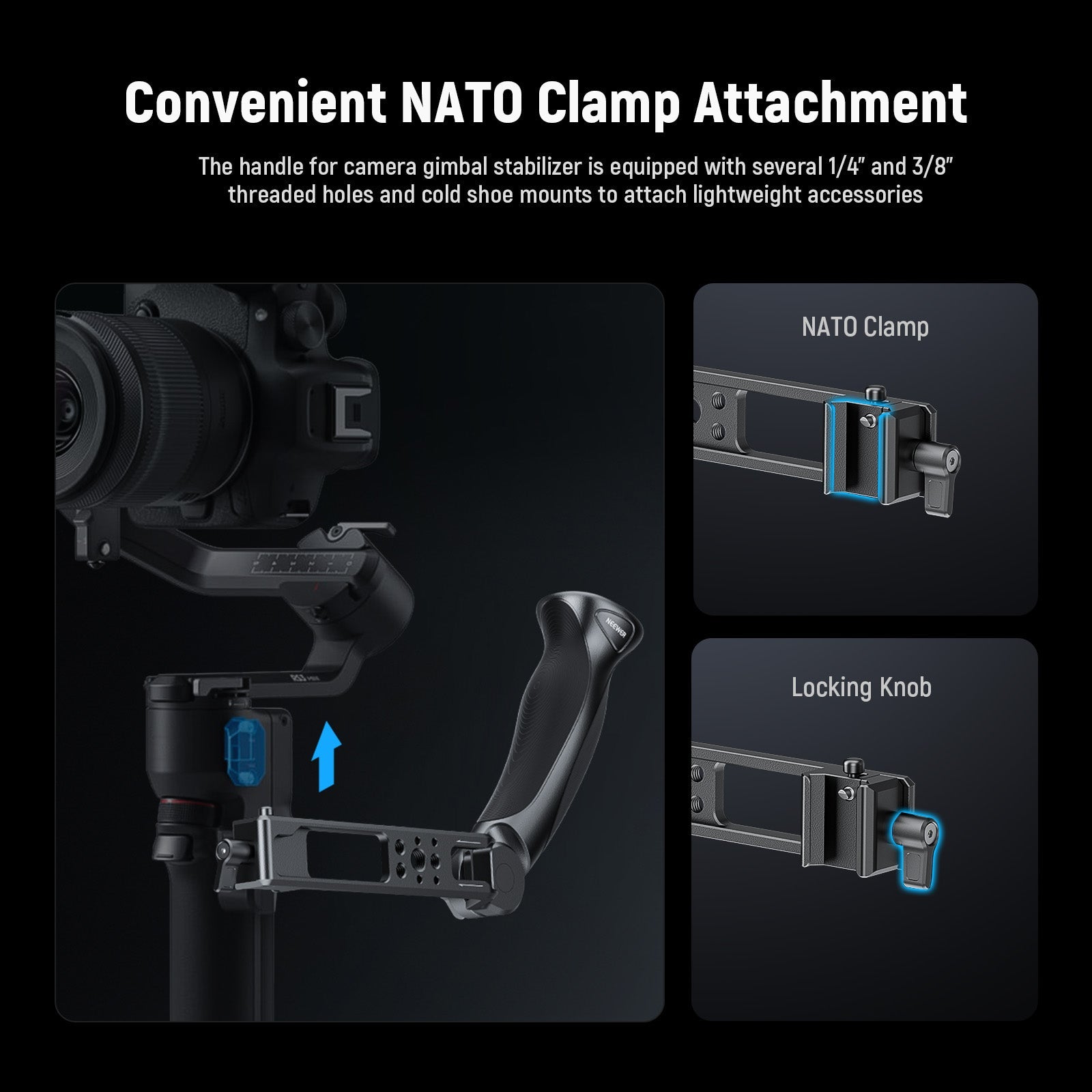 The handle for camera gimbal stabilizer is equipped with several 1/4" and 3/8" threaded holes