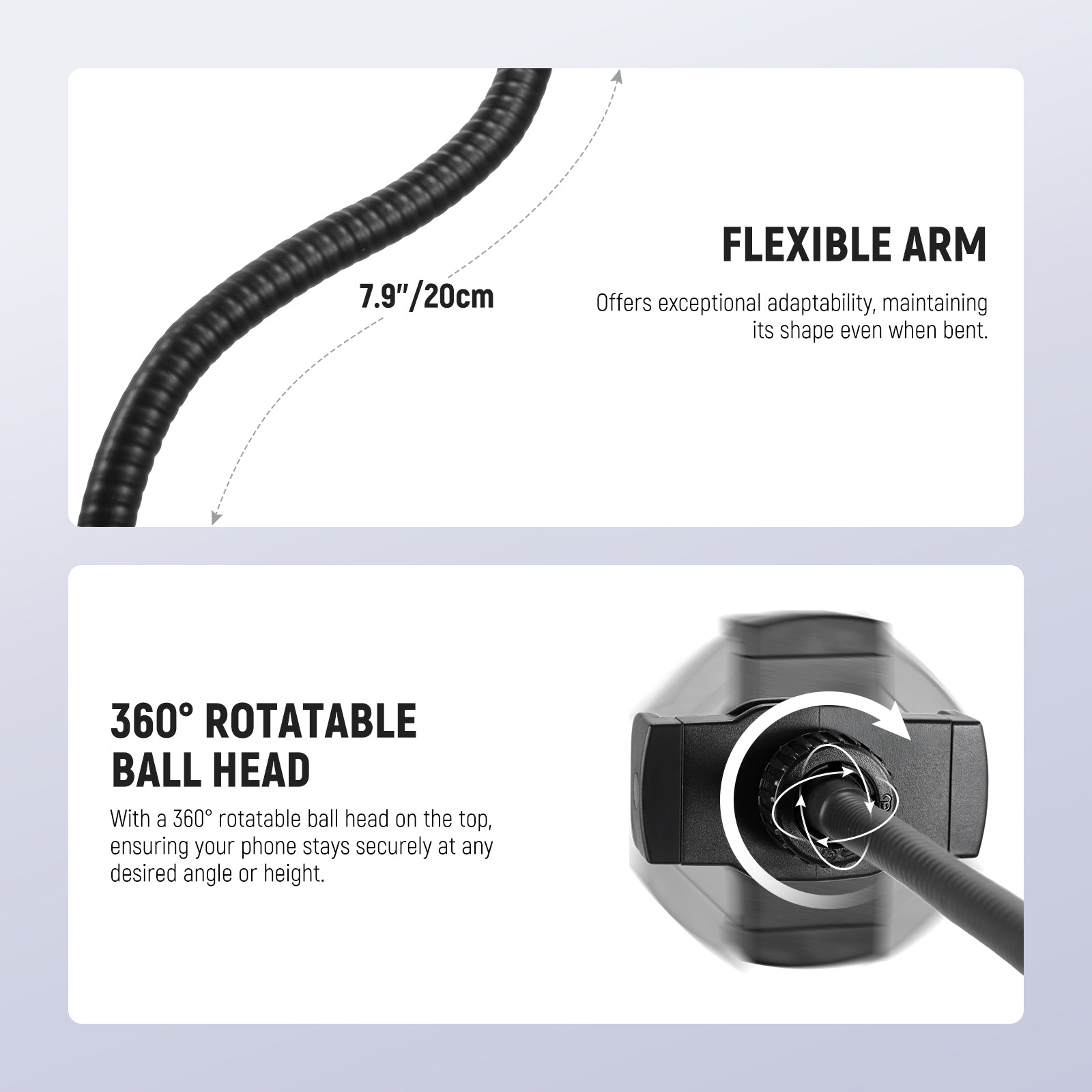 The 20cm flexible boom pole arm offers exceptional adaptability