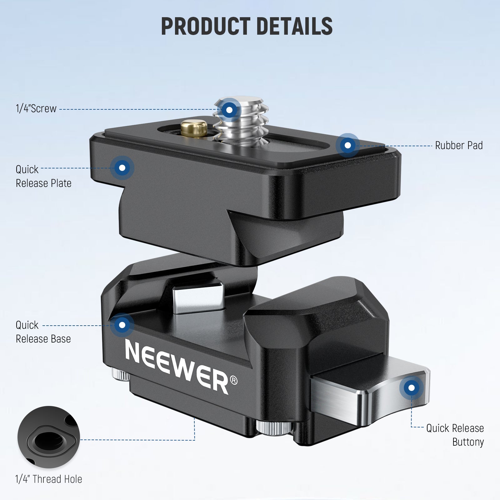 Product details of the NEEWER CA139 Action Camera Quick Release Tripod Mount