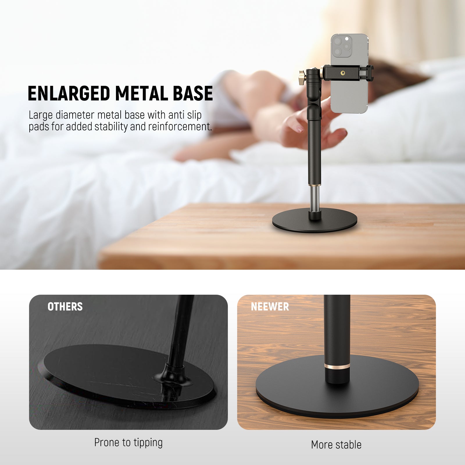 Large diameter metal base with anti slip pads