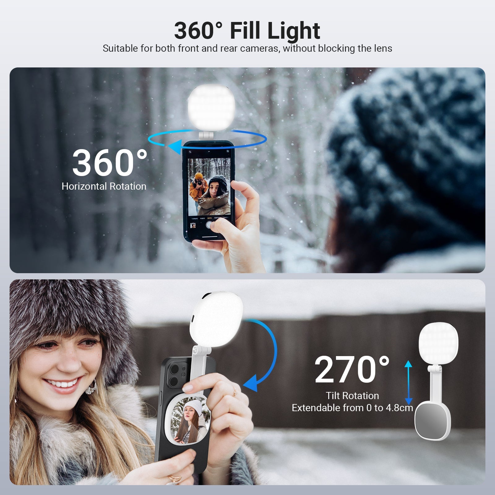 NEEWER NL72B Mini Bi color LED Magnetic Selfie Light is suitable for both front and rear cameras, without blocking the lens.