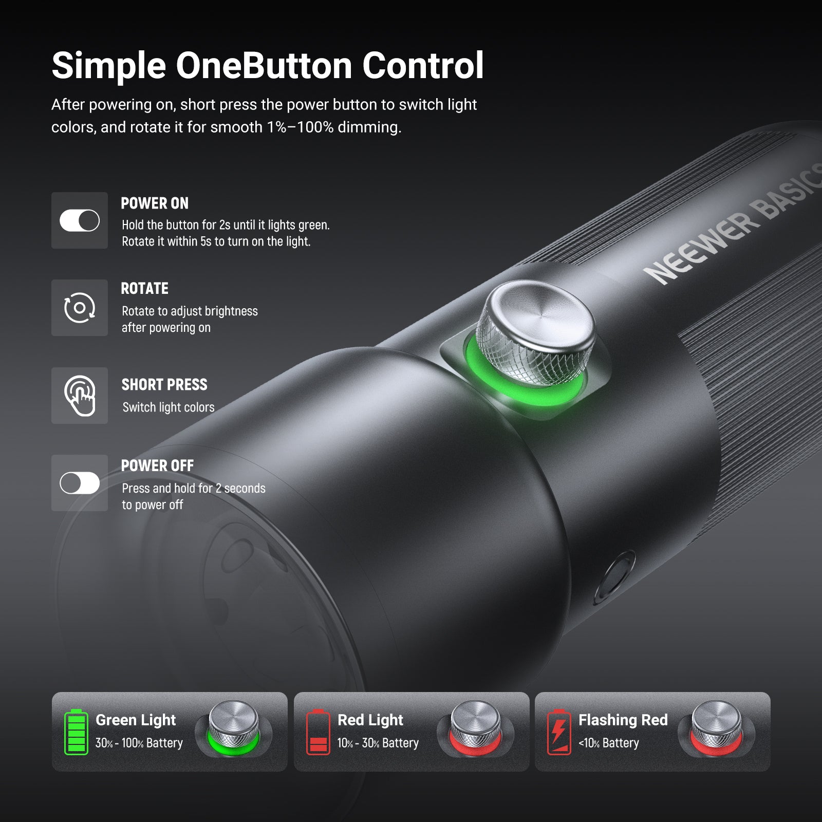 NEEWER FL10 Photography Flashlight features a simple one-button control.