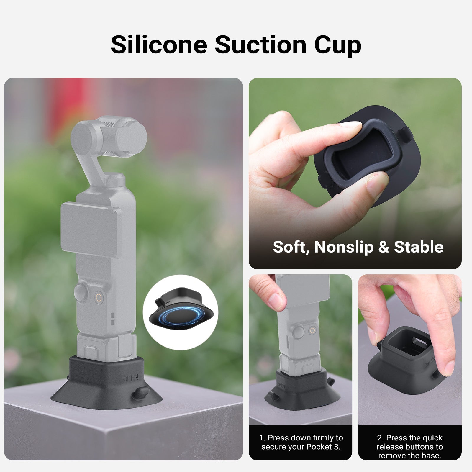 Made of high quality silicone, this soft but sturdy stand ensures stable positioning while protecting your Pocket 3 and desk from scratches.