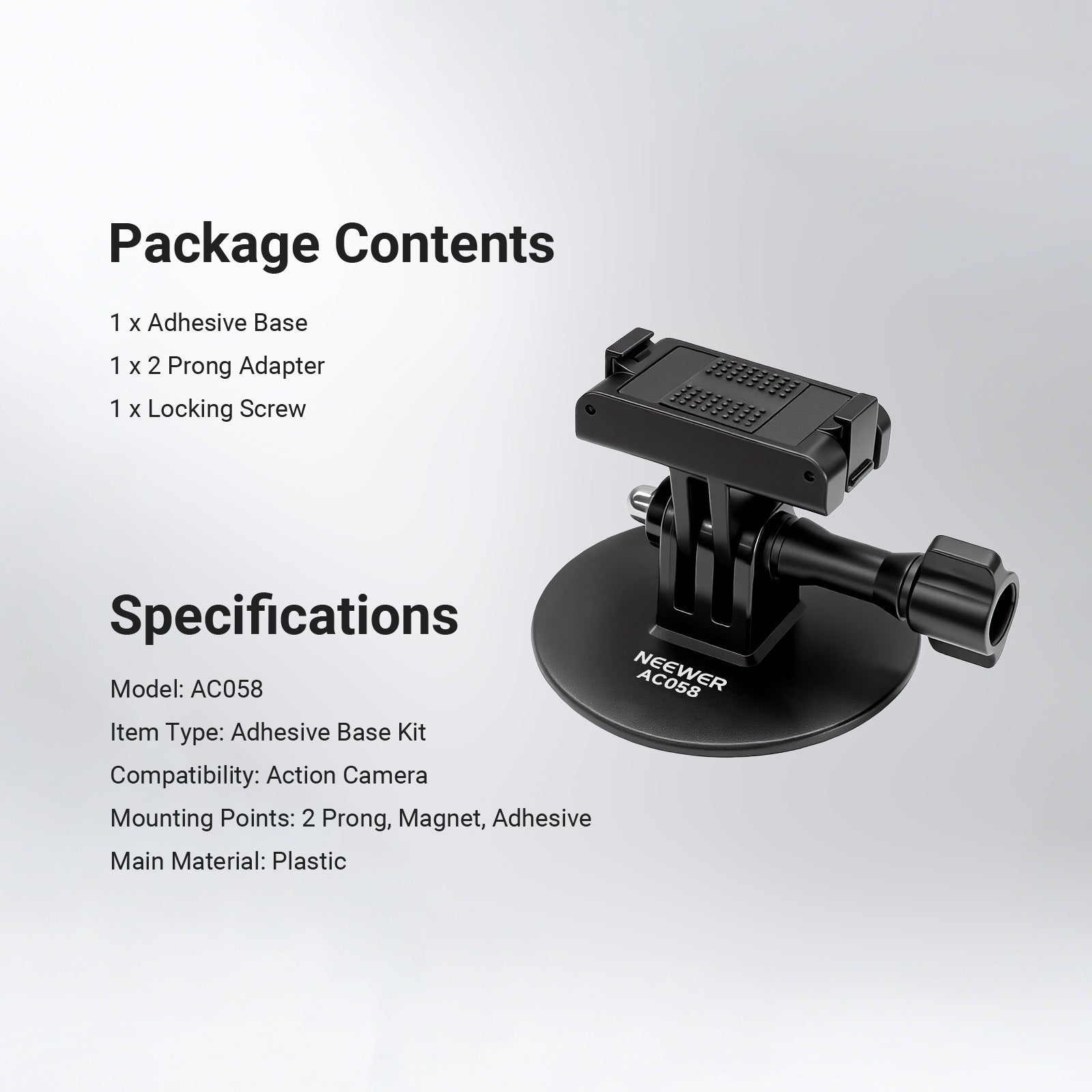 This package includes an adhesive base, a 2 prong adapter, and a locking screw.