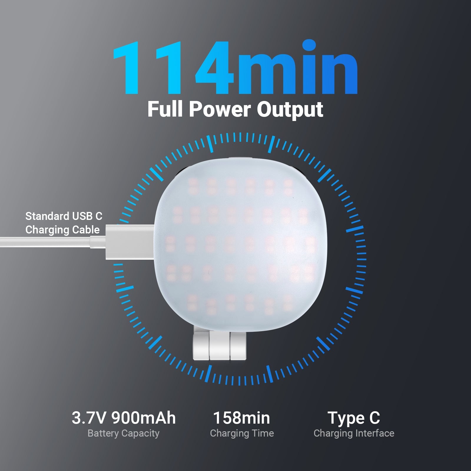 The 900mAh battery ensures up to 114min continuous lighting at full brightness.