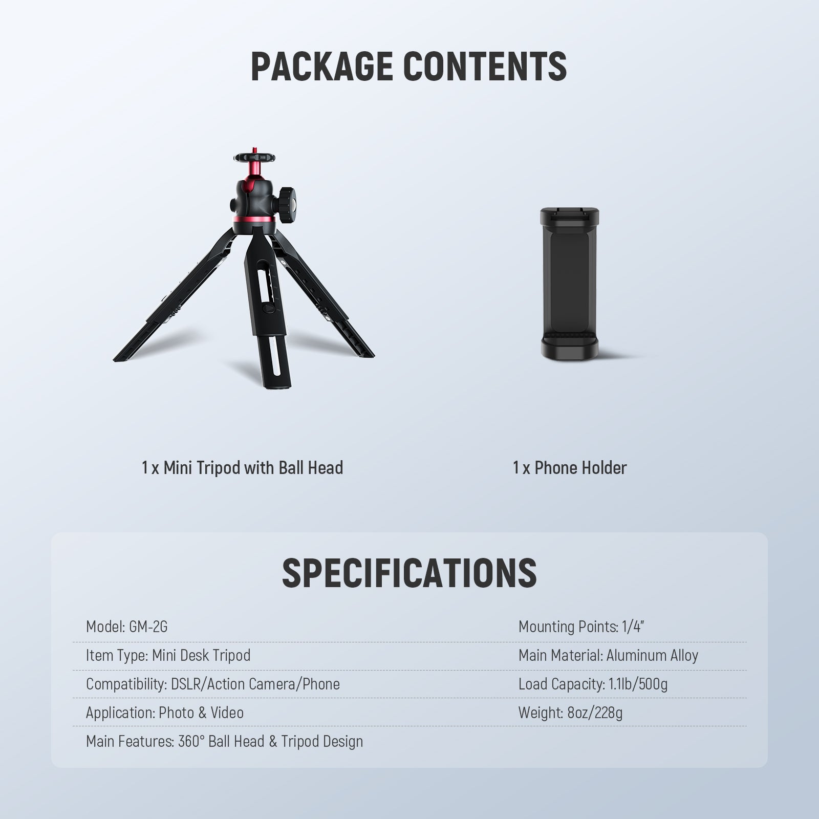 Package Contents of the NEEWER GM-2G Mini Desk Tripod Kit