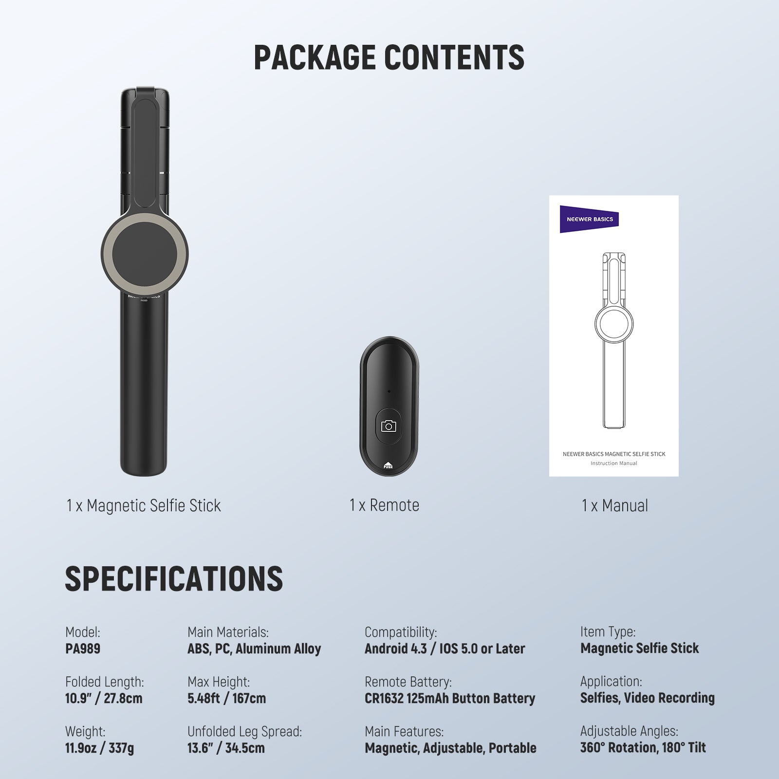 Specifications of the NEEWER PA989 65.7" Magnetic Selfie Stick