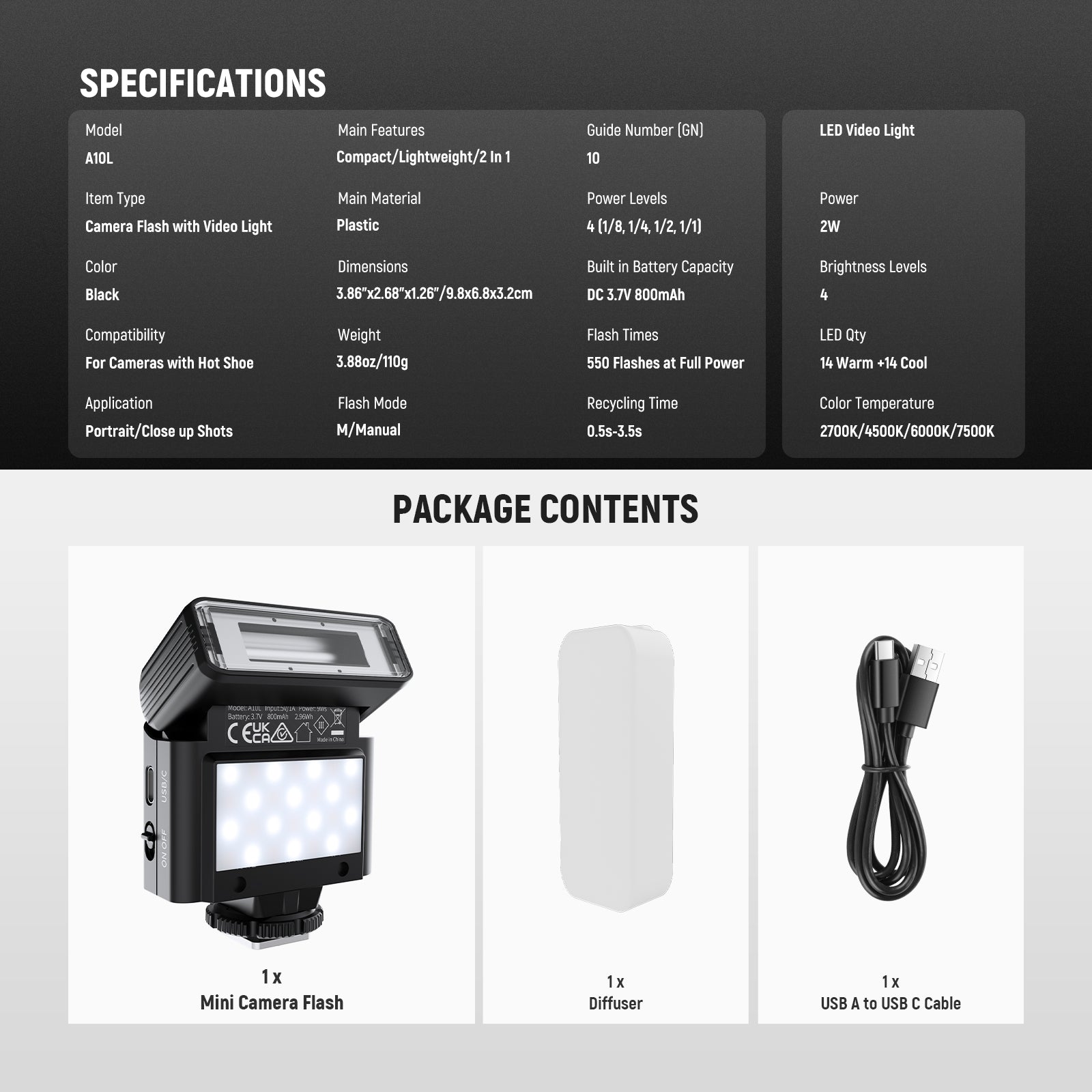 Package Contents of the NEEWER A10L Mini Camera Flash Kit