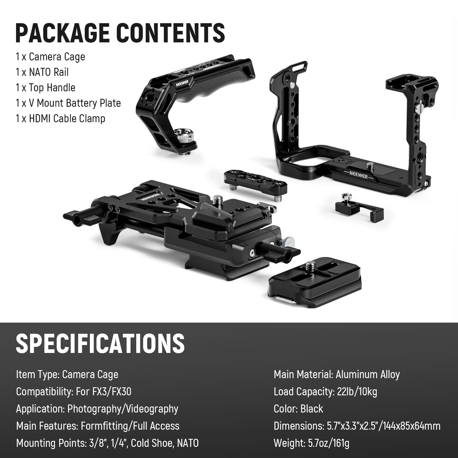 Specifications of the NEEWER CA011 Camera Cage Kit For FX3/FX3 & RS4/RS3/RS2