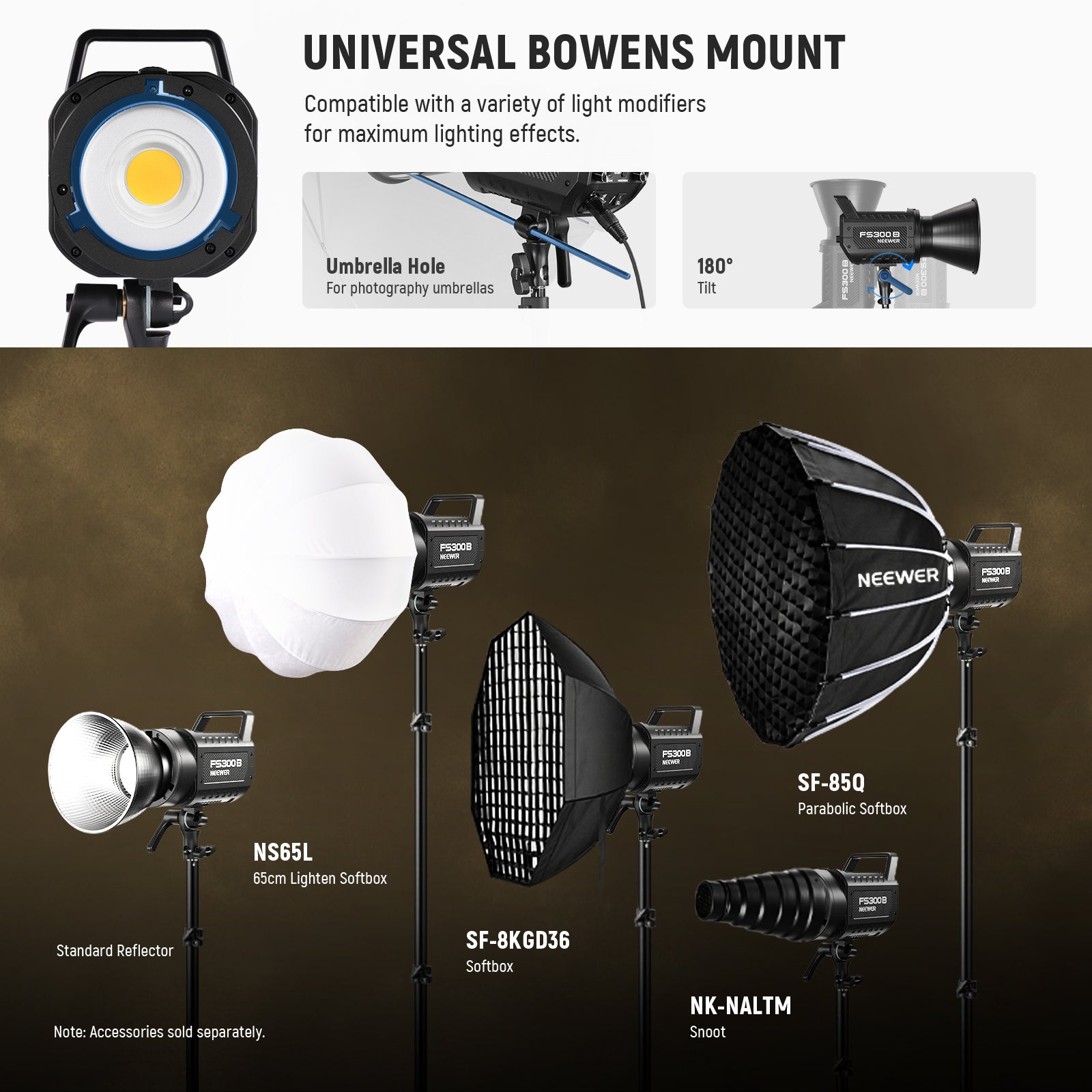 The Bowens mount is compatible with softboxes, snoots, beauty dishes, etc.