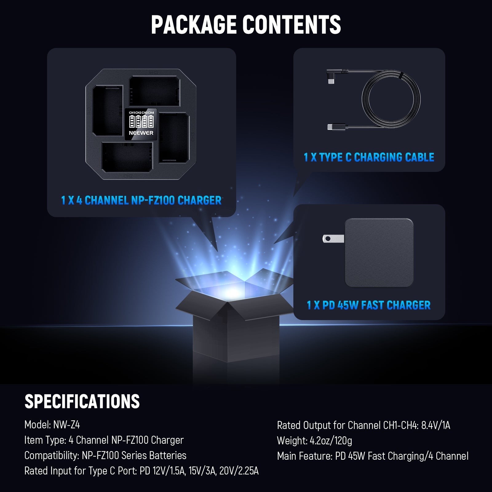 Package Contents of the NEEWER NW-Z4 4 Channel NP-FZ100 Charger Kit