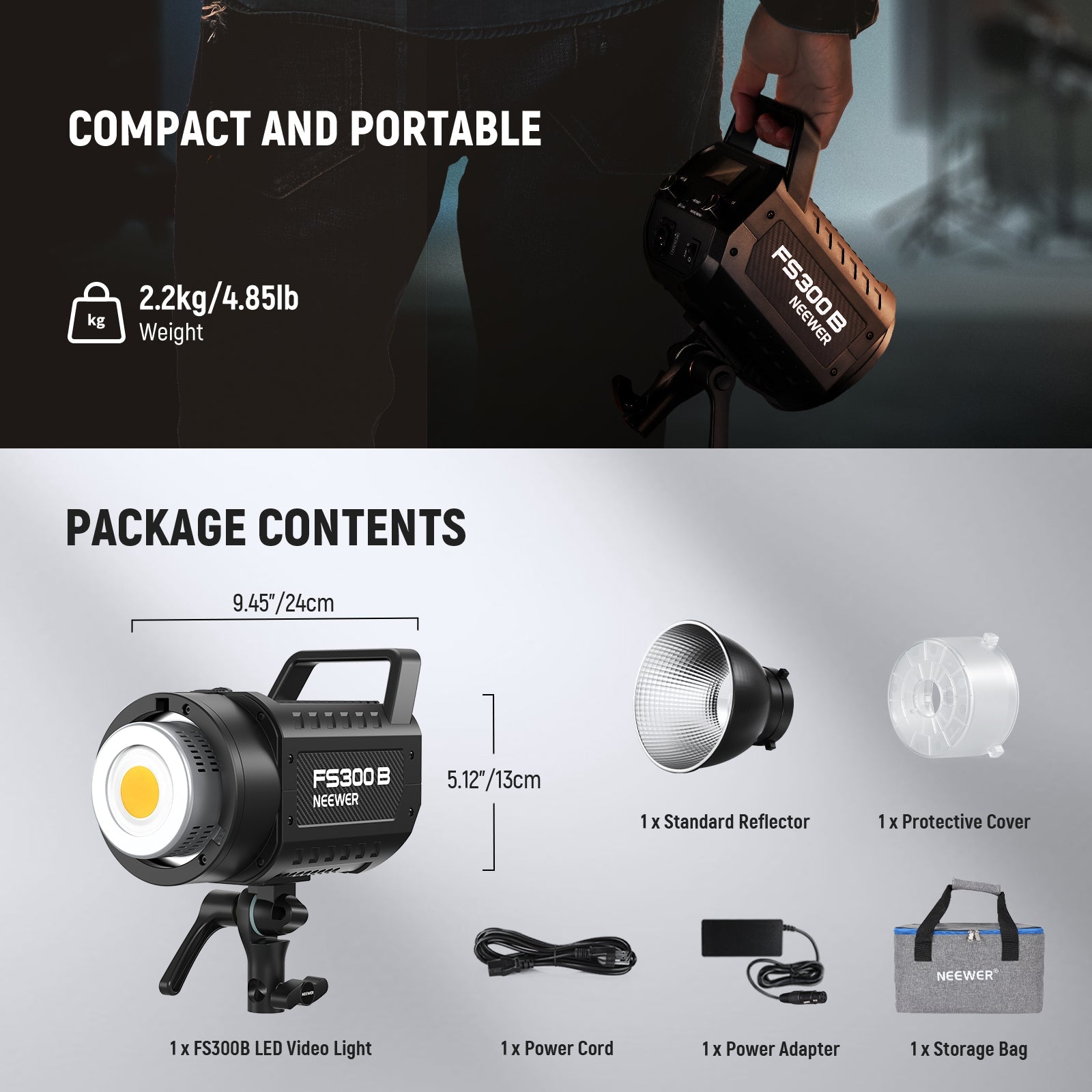 Package Contents of the NEEWER FS300B Bi-Color LED Video Light Kit