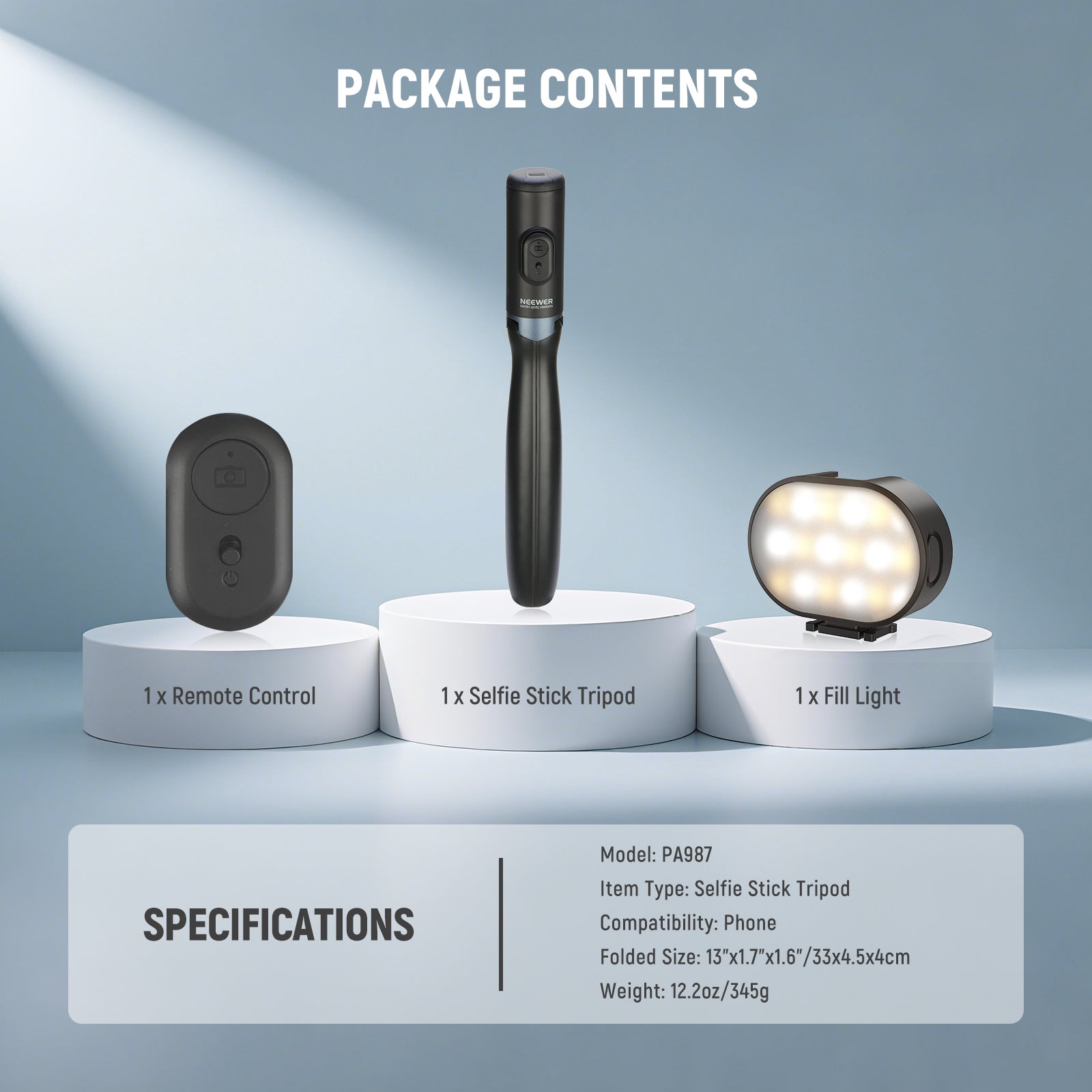 Package Contents of the NEEWER PA987 Selfie Stick Tripod Kit