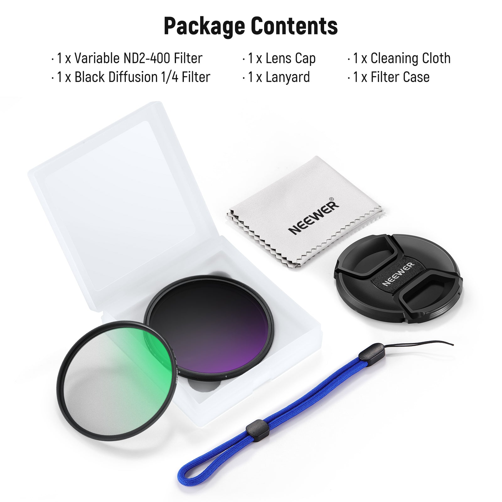 Package Contents of the NEEWER Variable ND2-400 & Black Diffusion 1/4 Filter Set