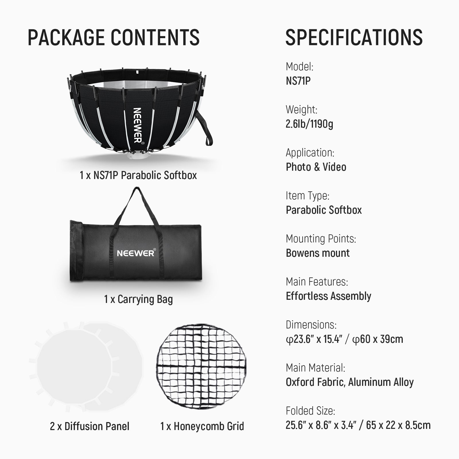 Package Contents of the NEEWER NS71P Professional Parabolic Softbox