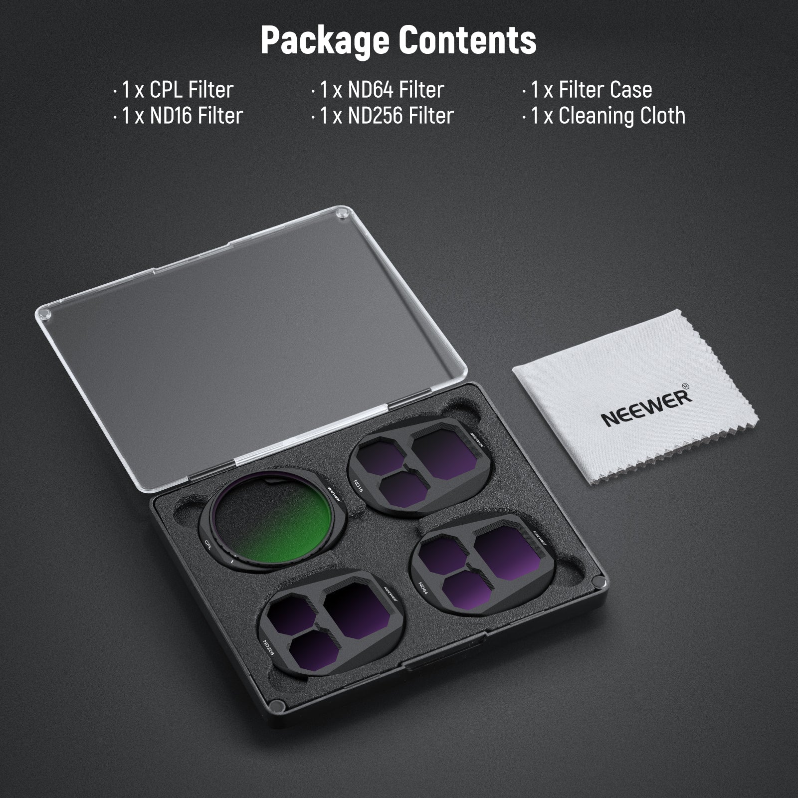 Package Contents of the NEEWER CPL + ND Filter Set For DJI Mavic 4 Pro Drone(CPL/ND16/ND64/ND256 Filter)