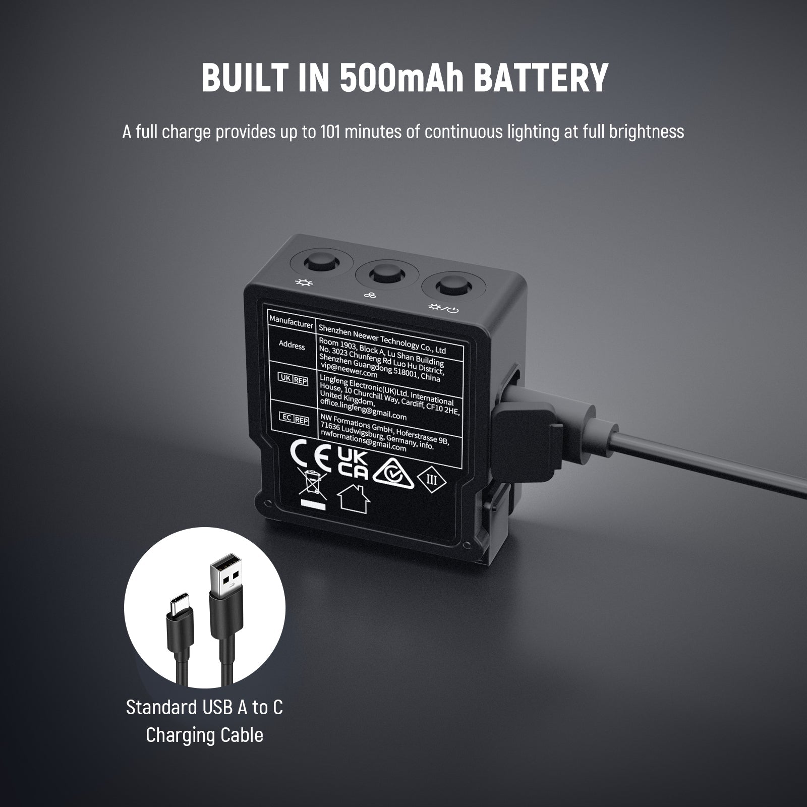 The NEEWER mini LED soft panel light provides up to 90 minutes of continuous lighting use at full brightness