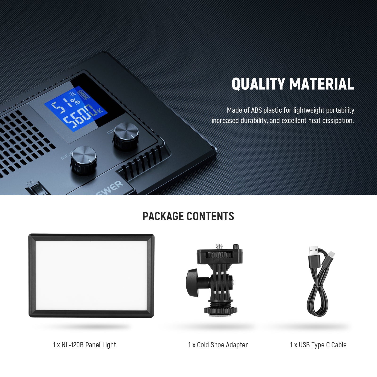 Package Contents of the NEEWER NL-120B Bi Color LED Video Panel Light kit