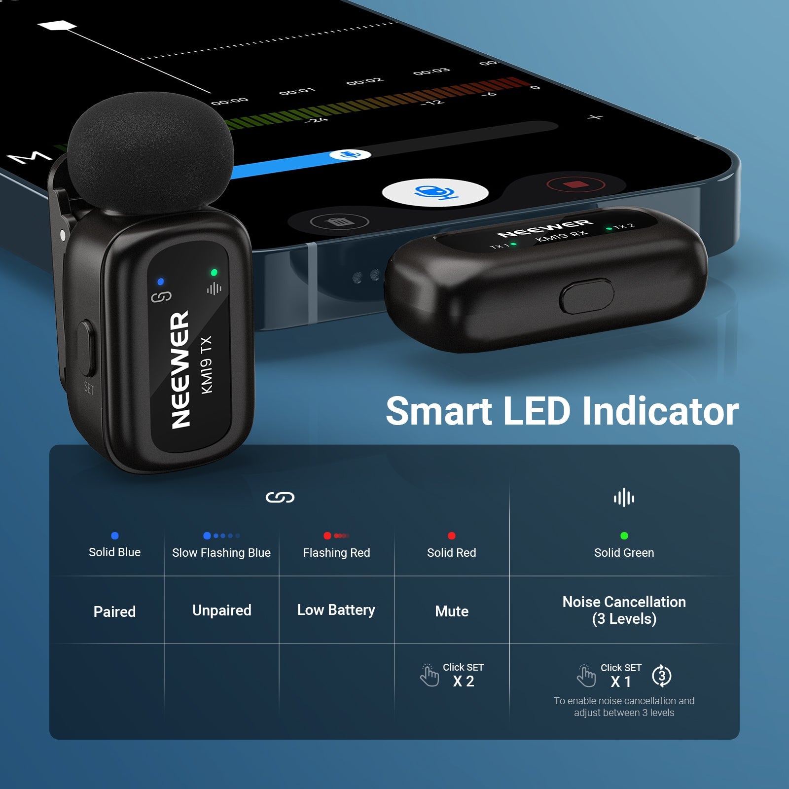 NEEWER KM19 Mini Clip On Wireless Lavalier Microphone features a smart LED indicator.