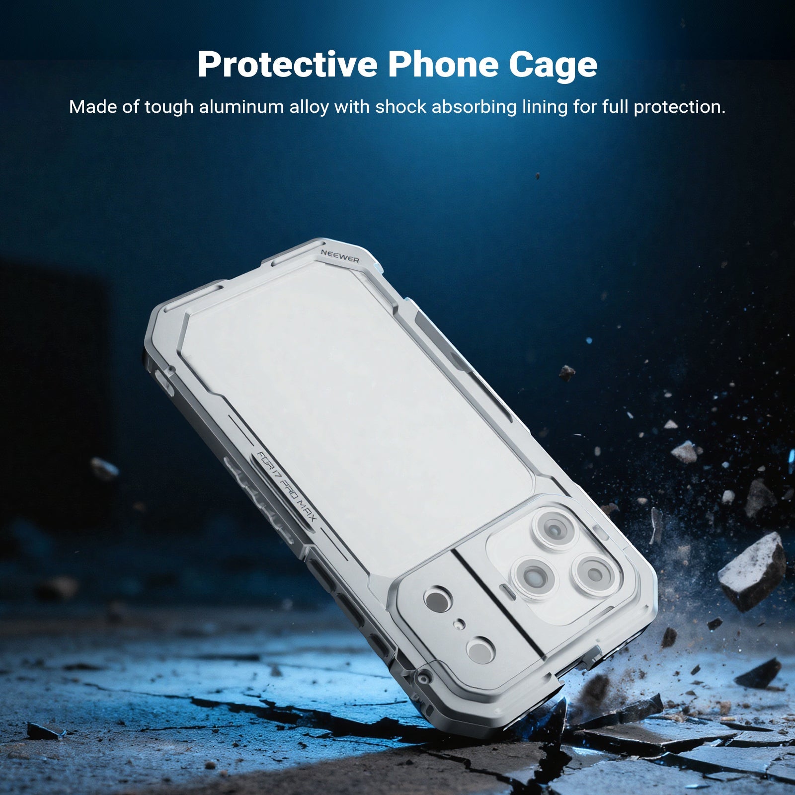 NEEWER PA144 Phone Cage Kit for iPhone 17 Pro Max is made of tough aluminum alloy with shockproof rubber lining