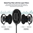 The microphone pop filter features two metal meshes, two windproof foams, and two filters.