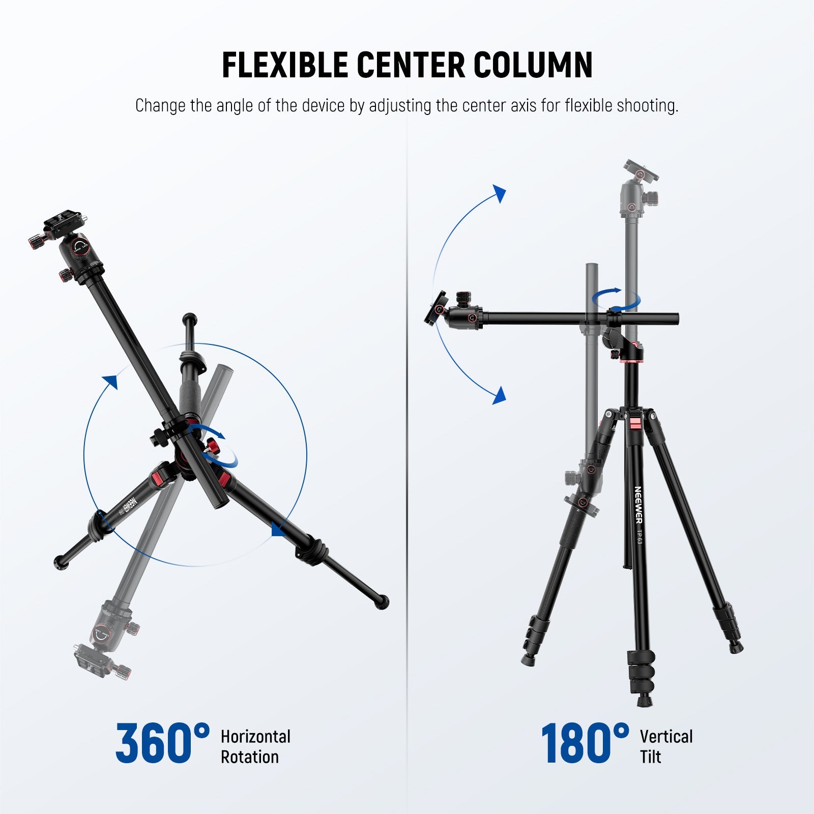 NEEWER TP63 Overhead Horizontal Camera Tripod features a fexible enter column.