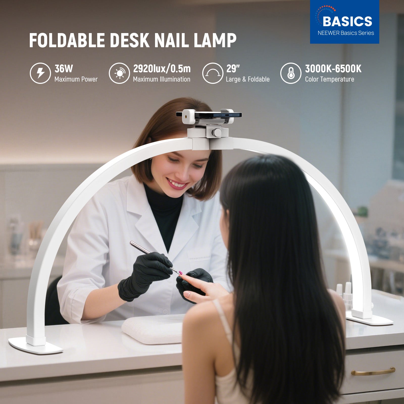 NEEWER HM02-D Nail Tech Table Arc Lamp offers a wide 3000K-6500K color temperature range