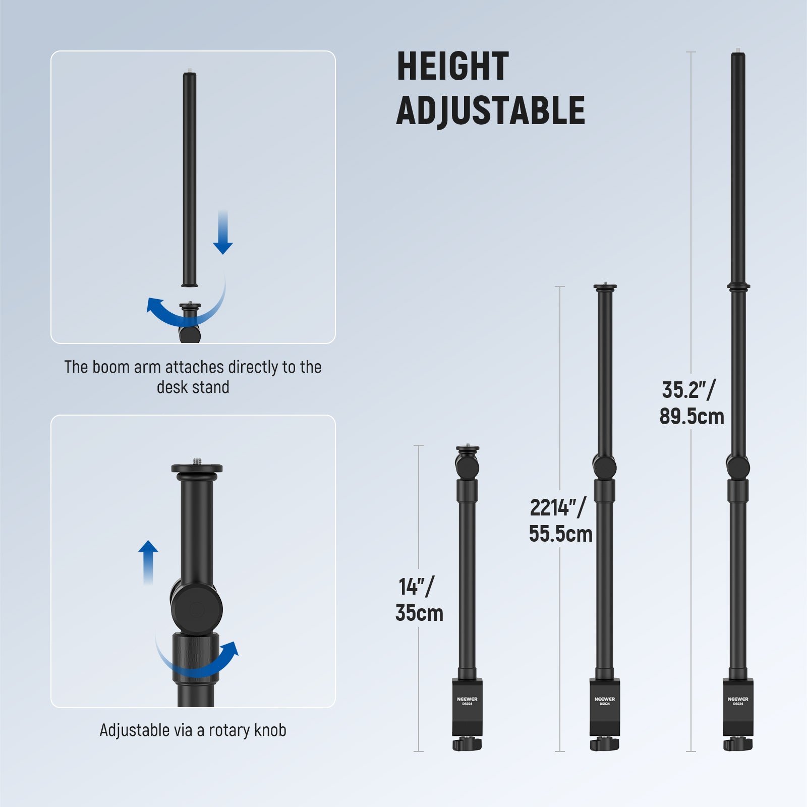 The main pole of this overhead desk camera mount extends from 14"-22"