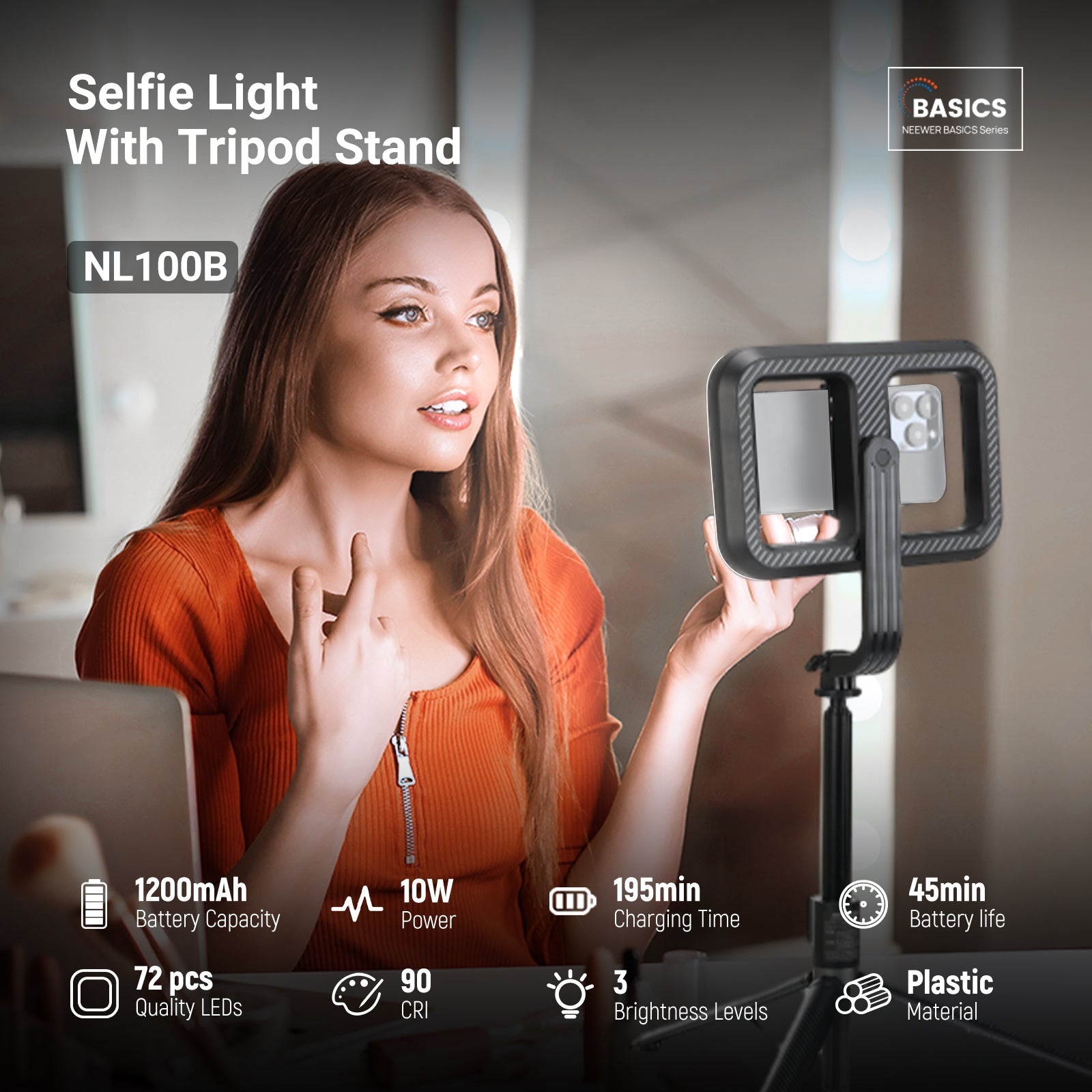 A girl is using the NEEWER NL100B Wireless Selfie Light with Tripod Stand for live streaming.