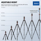 The tall heavy duty tripod adjusts from 22.8" to 53" with three angle options.