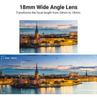 NEEWER 18mm wide angle lens tranforms the focal length from 24mm to 18mm.