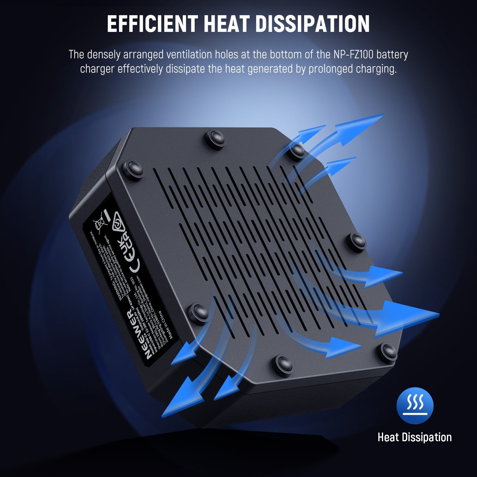 At the bottom of the NP-FZ100 battery charger are densely arranged ventilation holes, which effectively expel heat generated during extended charging.