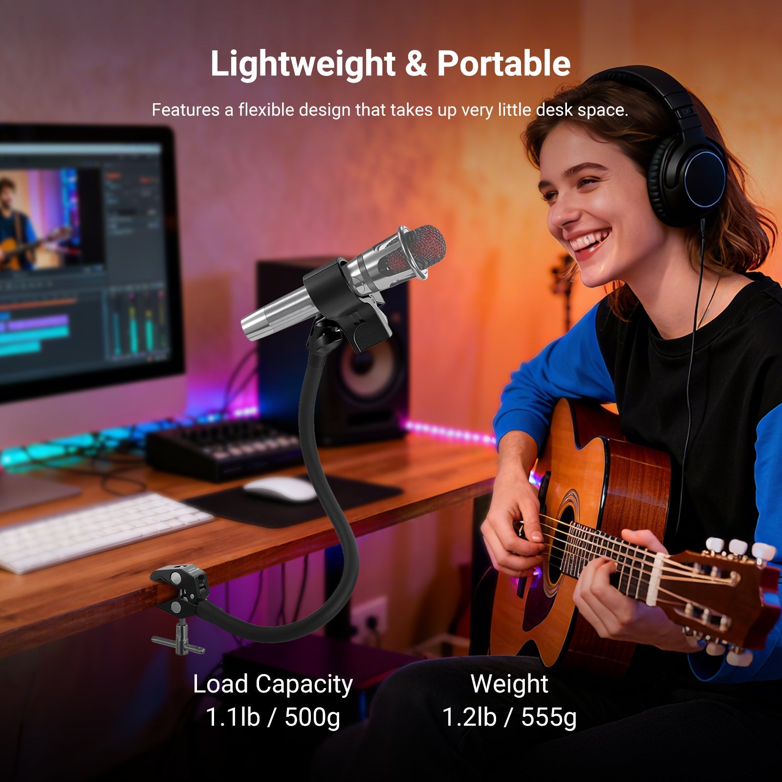 Weighing only 1.2 lbs (555 g), the overhead tabletop mic stand is portable for travel and outdoor photography