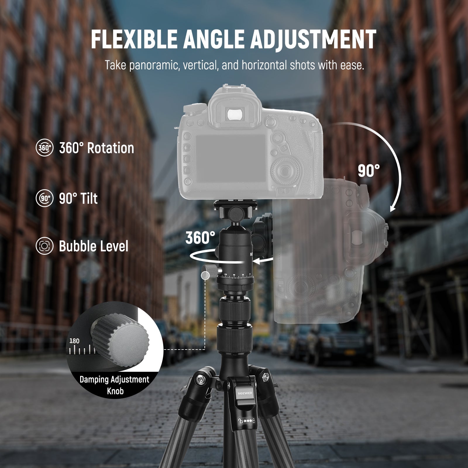 NEEWER TP39 Carbon Fiber Camera Tripod provides flexible angle adjustment.