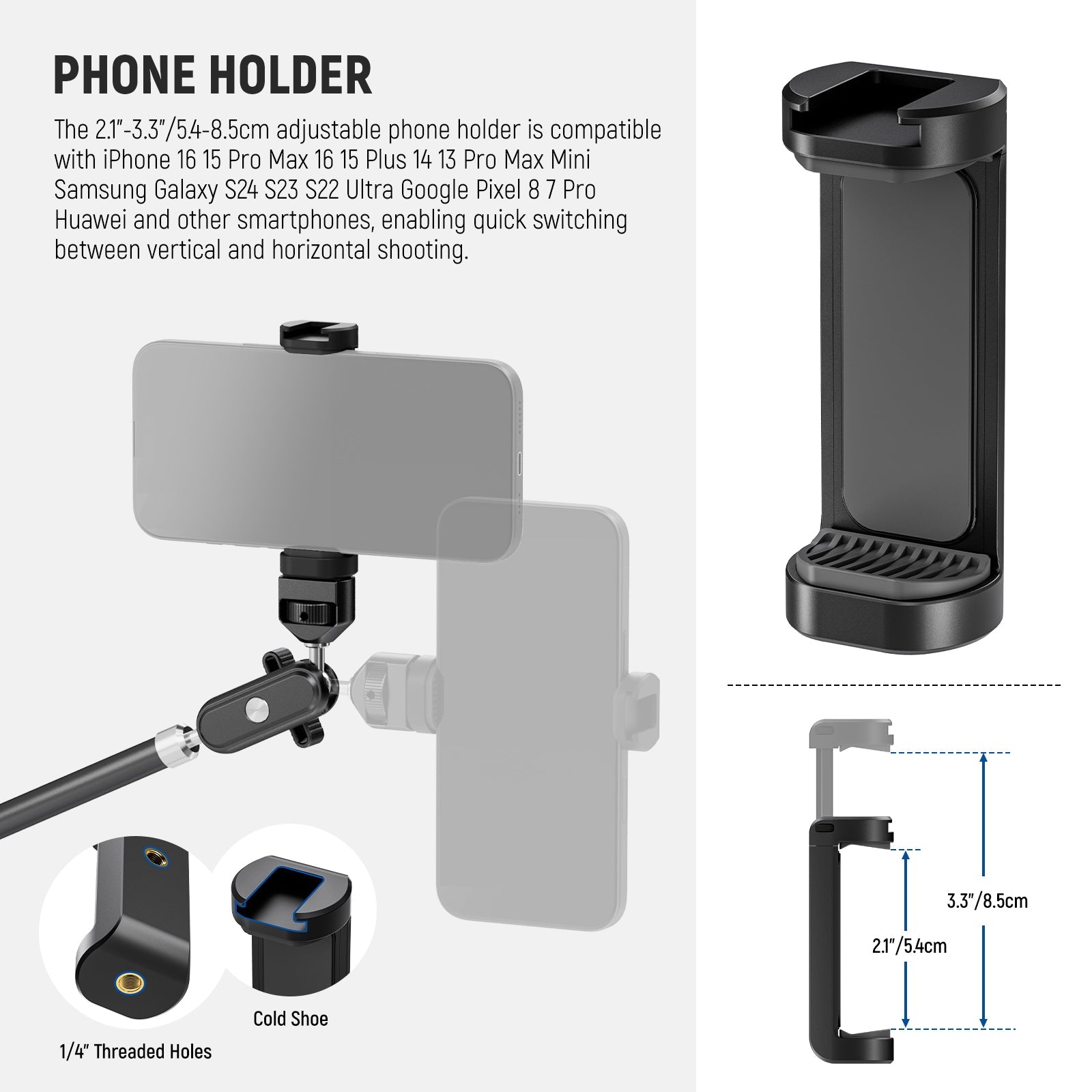 NEEWER UA056 Articulating Magic Arm Kit includes a phone holder.
