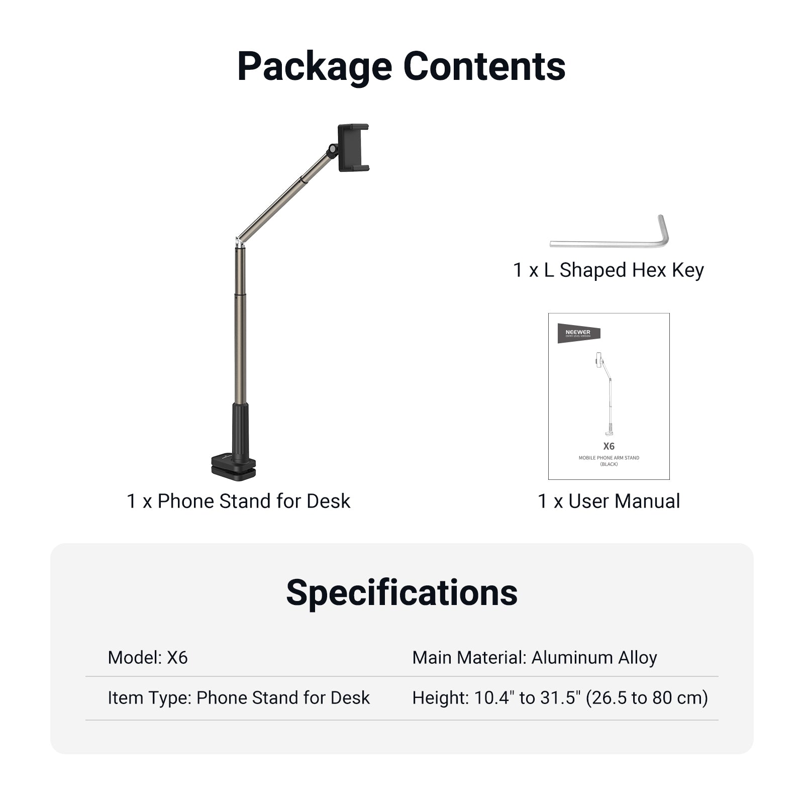 This package includes a phone stand for desk and a L shaped hex key.