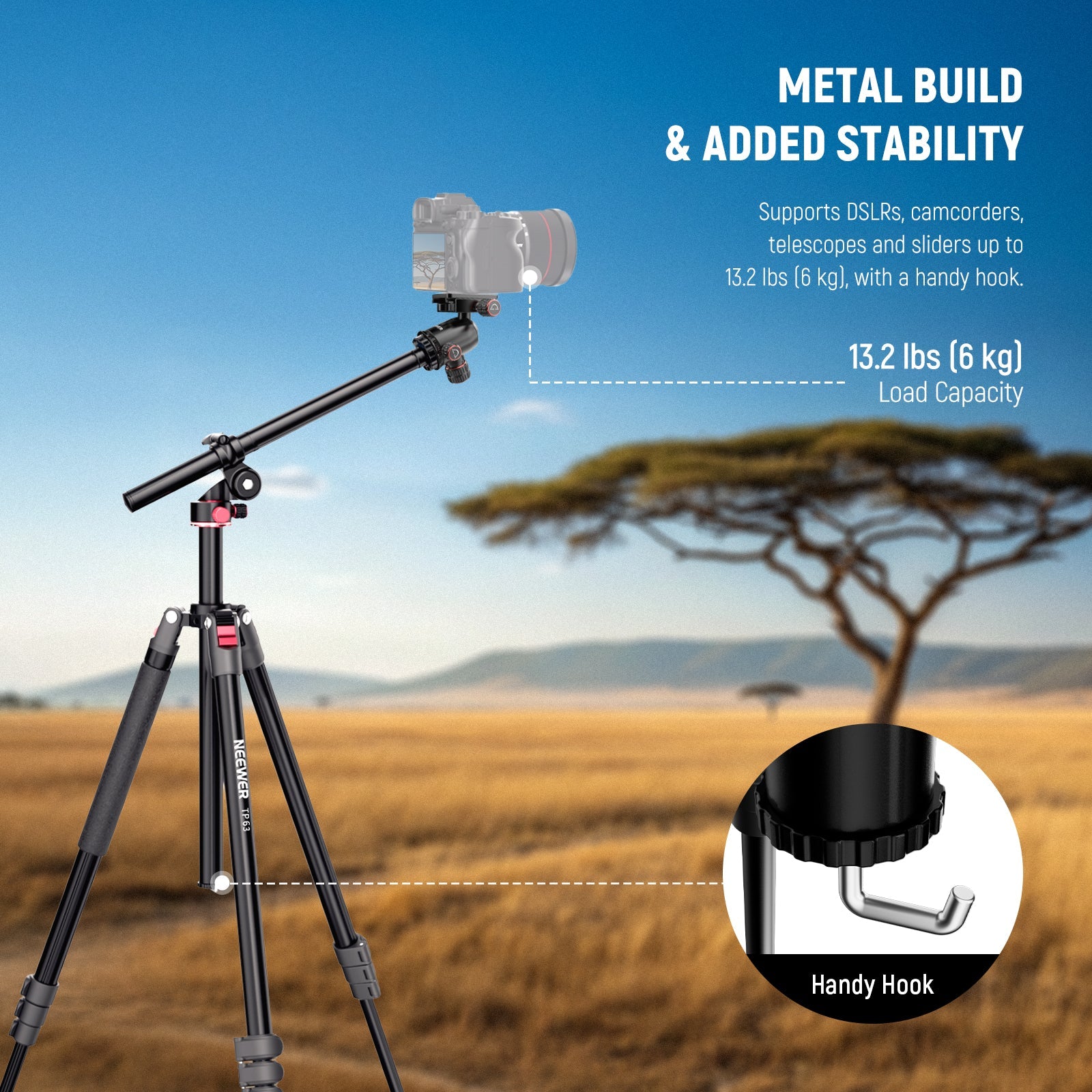 Made of heavy duty metal alloy, the professional camera tripod supports equipment up to 13.2 lbs.