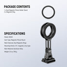 This package includes a dual magnetic phone holder stand and two magnetic rings.
