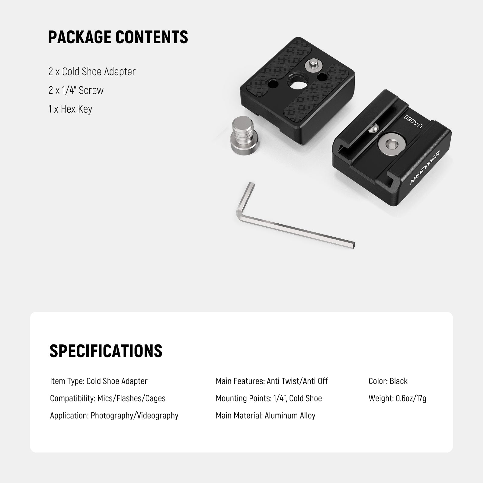 Package Contents of the NEEWER UA080 Universal Cold Shoe Mount Adapter Set