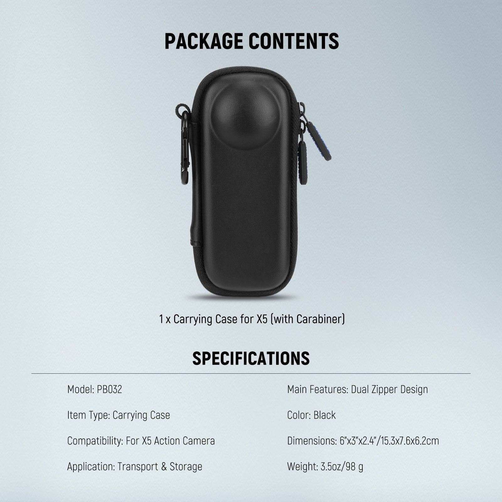 Specifications of the NEEWER PB032 Carrying Case For Insta 360 X5 Action Camera