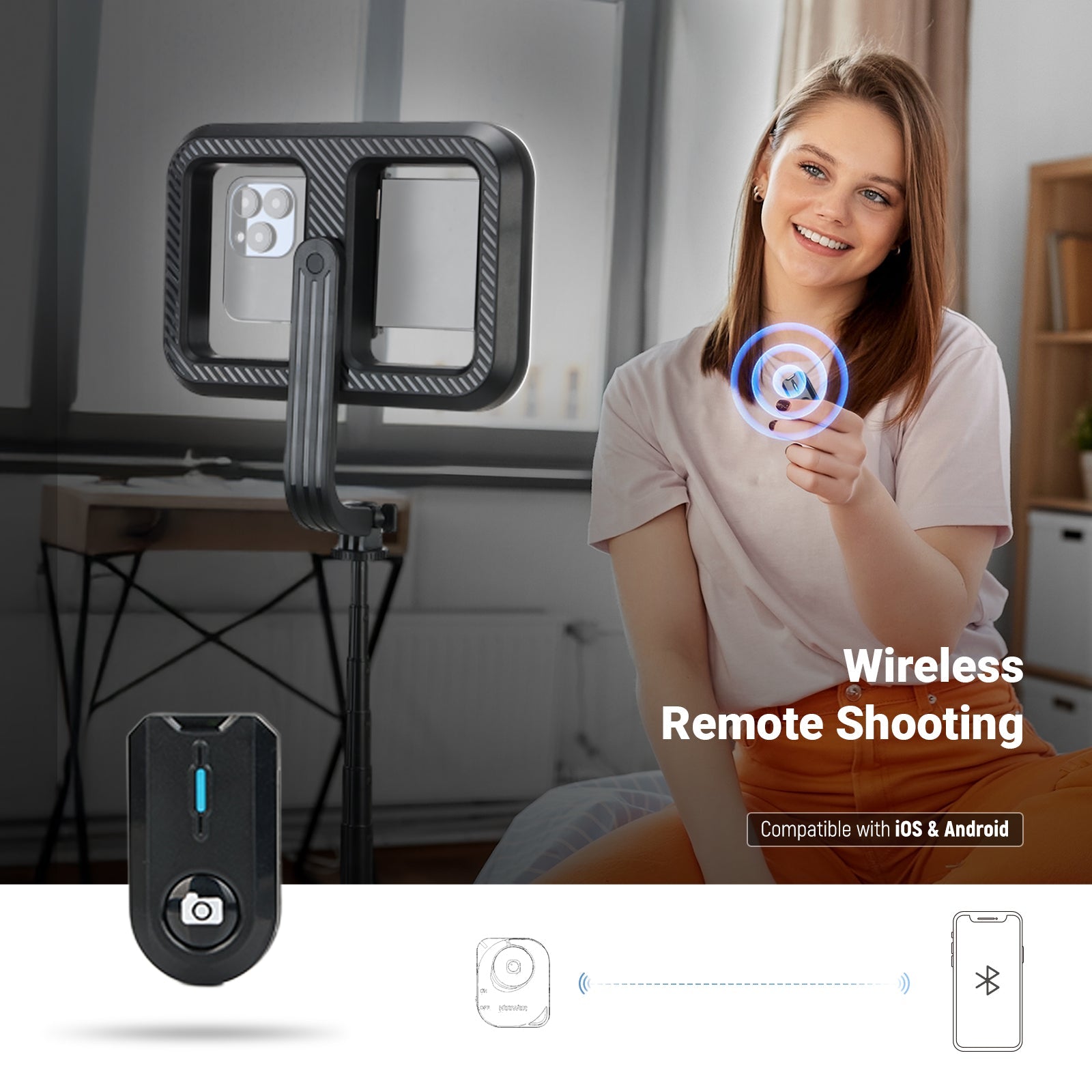 A girl is using a Bluetooth shutter to control the NEEWER NL100B Wireless Selfie Light forstreaming.