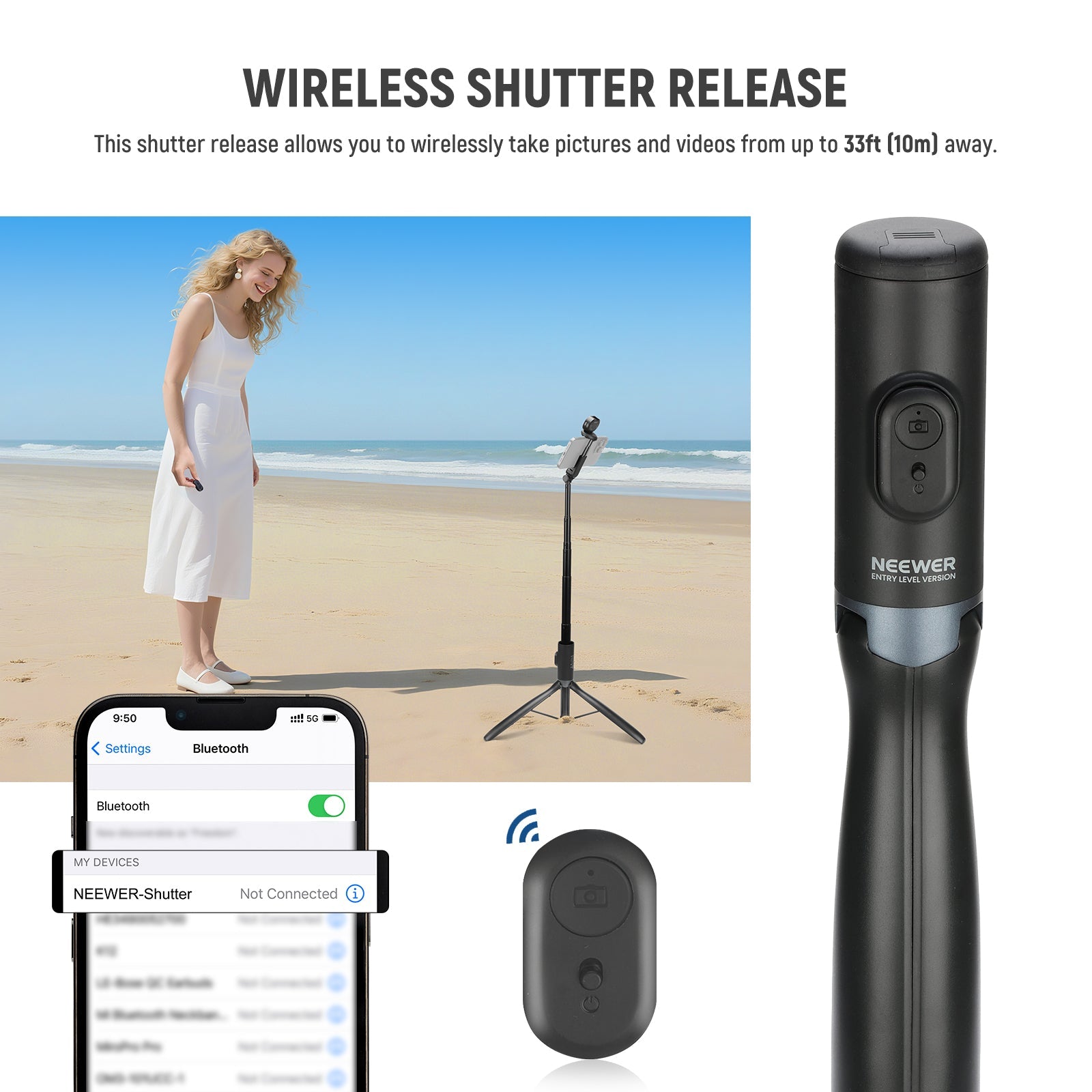 This shutter release allows you to wirelessly take pictures and videos from up to 10m away.